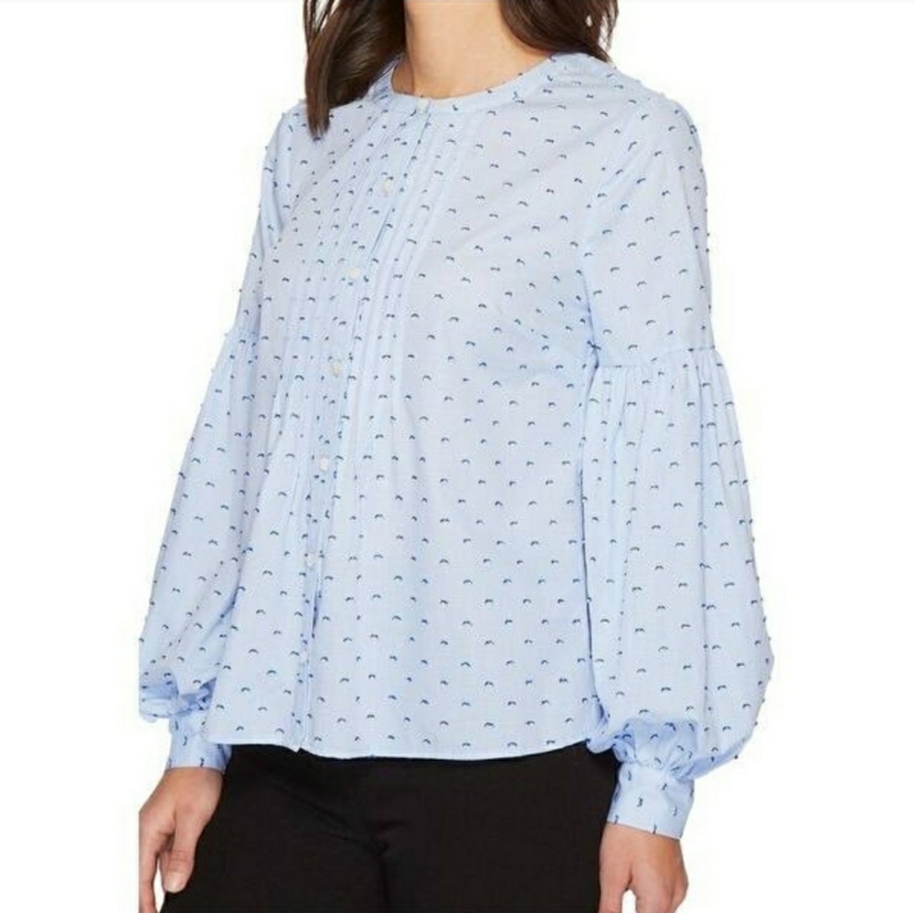 Cece Gingham Check Pintuck Balloon Sleeve Blouse 100% Cotton XS
